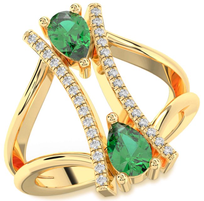 Diamond Emerald Gold Pear Two Stone Birthstone Ring