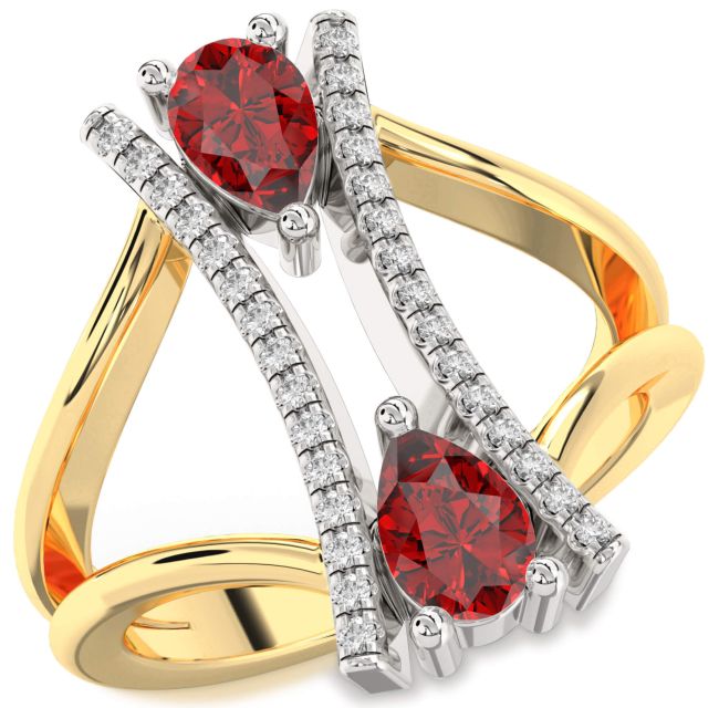 Diamond Ruby Gold Silver Pear Two Stone Birthstone Ring