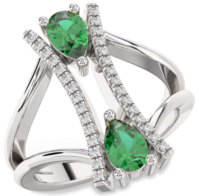 Diamond Emerald Silver Pear Two Stone Birthstone Ring