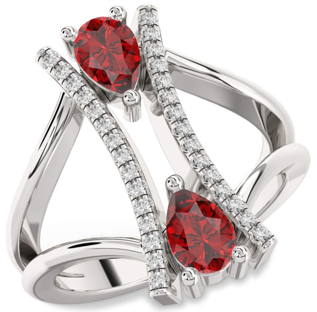 Diamond Ruby Silver Pear Two Stone Birthstone Ring