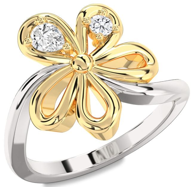 Diamond Platinum & Yellow Gold Flower Pear Two Stone Ring
