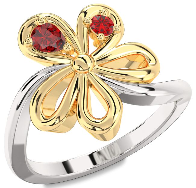 Ruby Gold Silver Flower Pear Two Stone Ring