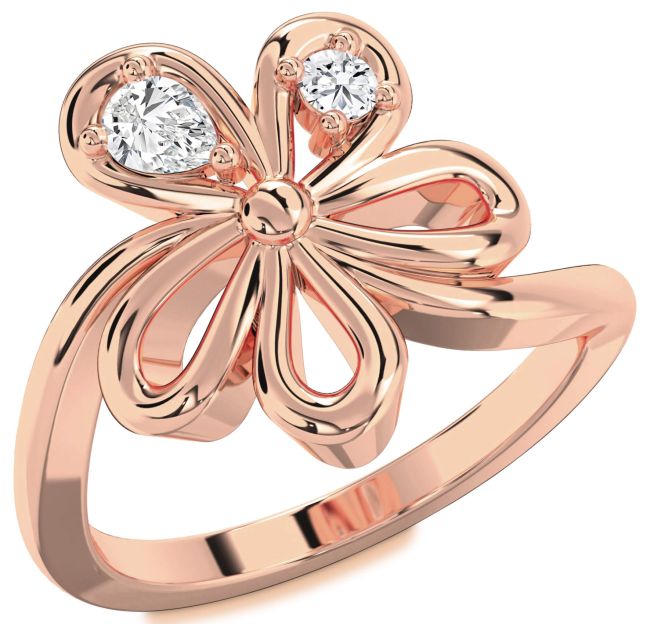Diamond Rose Gold Silver Flower Pear Two Stone Ring