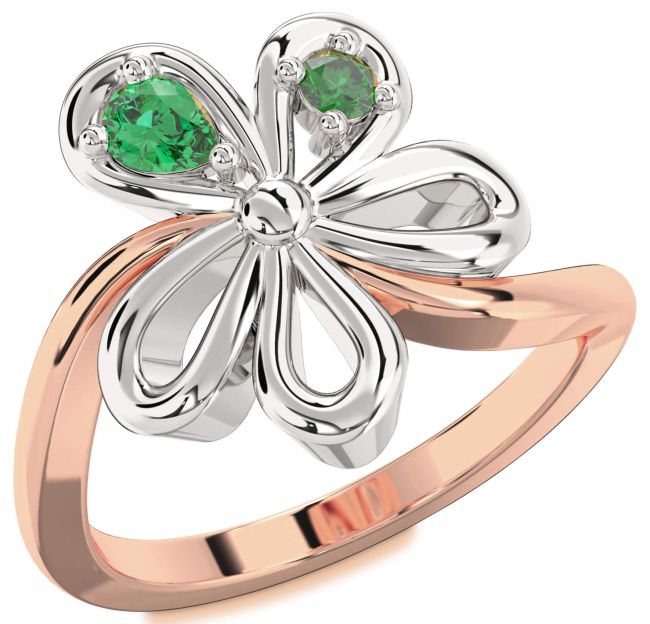 Emerald Rose Gold Silver Flower Pear Two Stone Ring