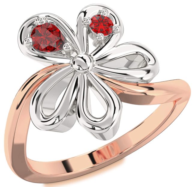 Ruby Rose Gold Silver Flower Pear Two Stone Ring