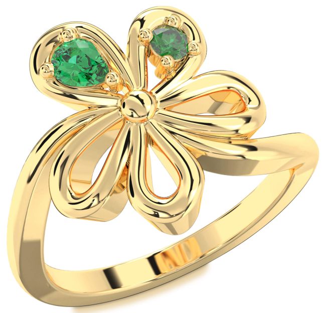 Emerald Gold Flower Pear Two Stone Ring