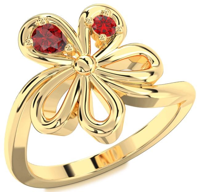 Ruby Gold Silver Flower Pear Two Stone Ring