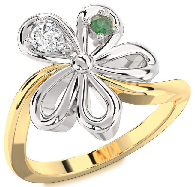 Gold Silver Flower Pear Two Stone Promise Ring