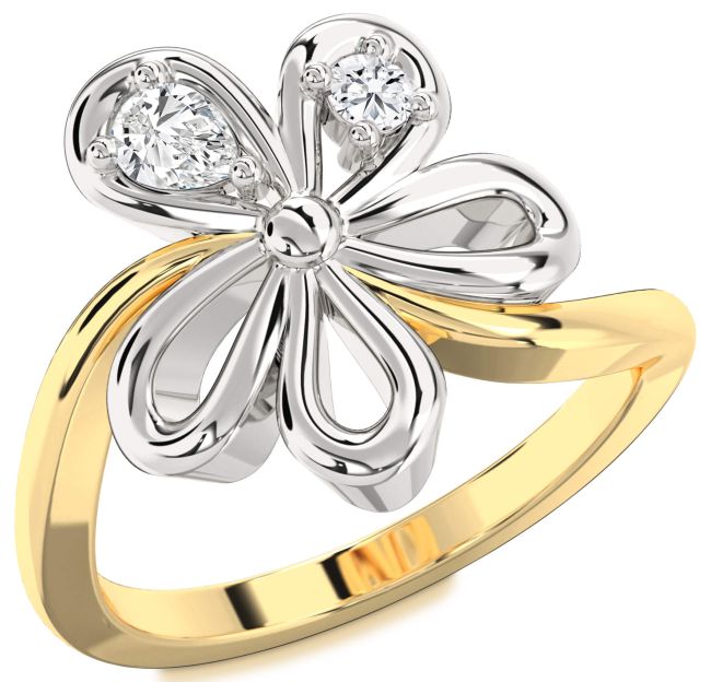 Diamond White Yellow Gold Flower Pear Two Stone Ring