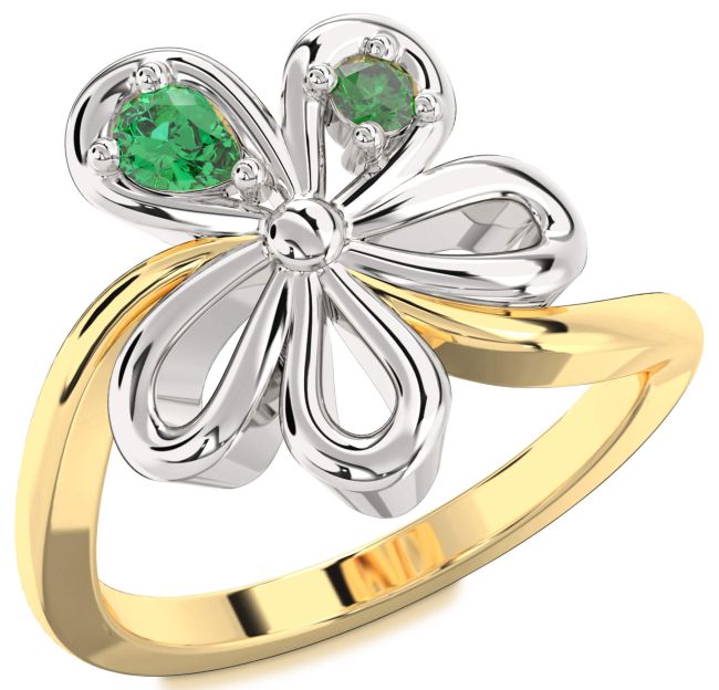 Emerald Gold Silver Flower Pear Two Stone Ring