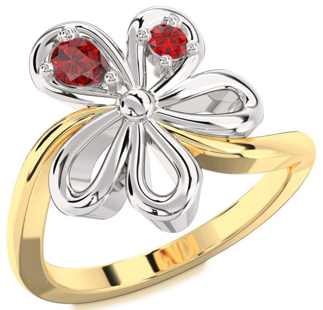 Ruby Gold Silver Flower Pear Two Stone Ring