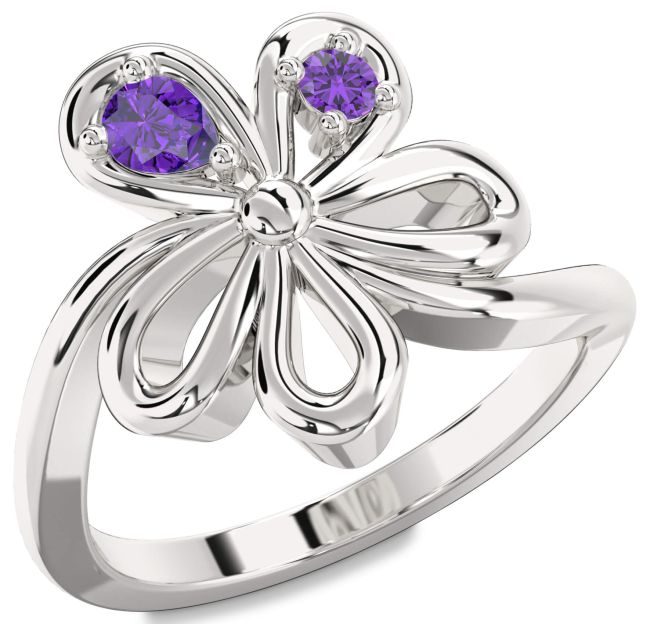 Amethyst Silver Flower Pear Two Stone Ring