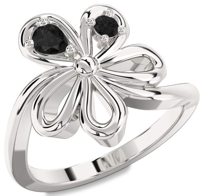 Black Diamond Silver Flower Pear Two Stone Ring