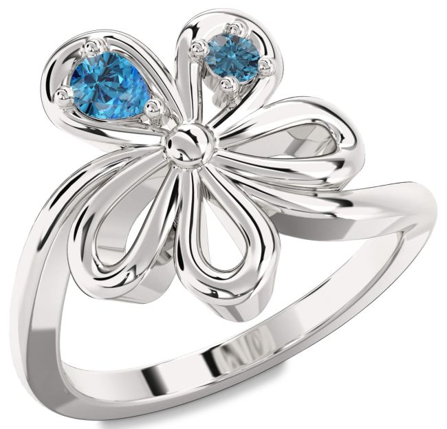 Blue Diamond Silver Flower Pear Two Stone Ring