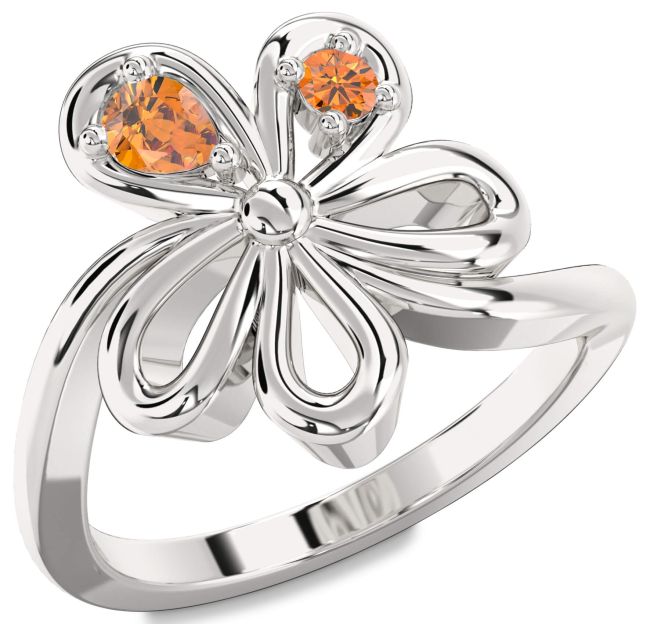 Citrine Silver Flower Pear Two Stone Ring