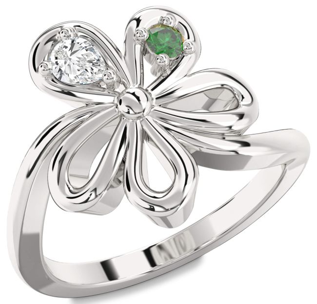 Silver Flower Pear Two Stone Promise Ring