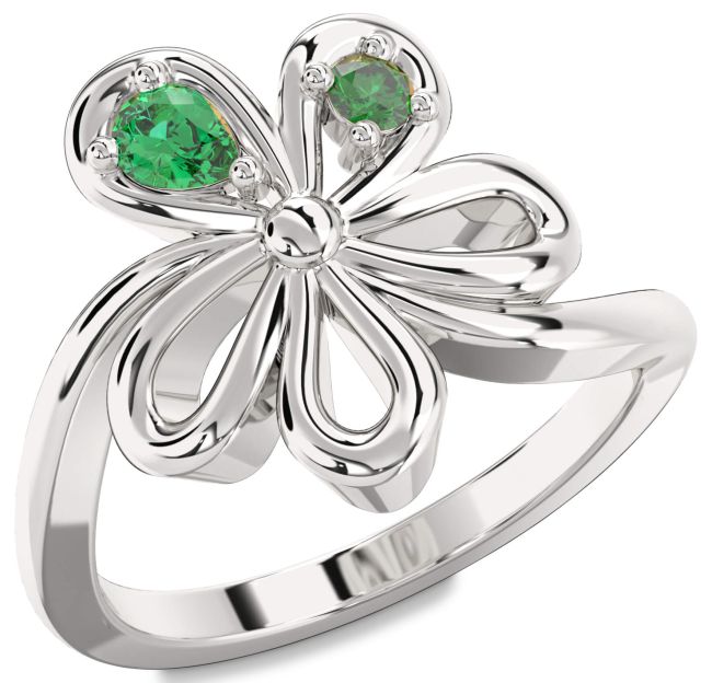 Emerald Silver Flower Pear Two Stone Ring