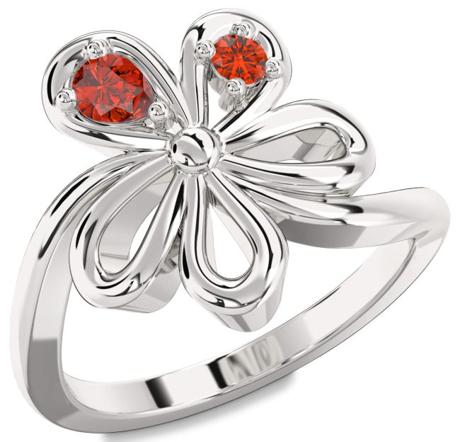 Fire Opal Silver Flower Pear Two Stone Ring