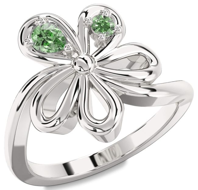 Green Diamond Silver Flower Pear Two Stone Ring