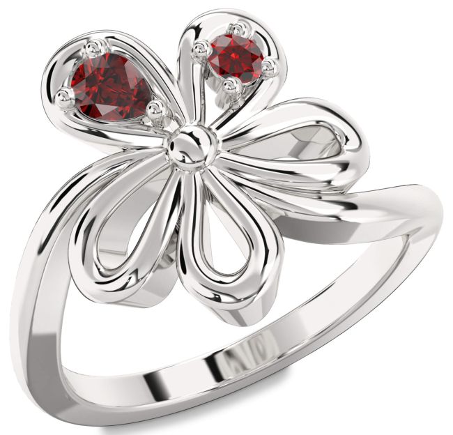 Garnet Silver Flower Pear Two Stone Ring