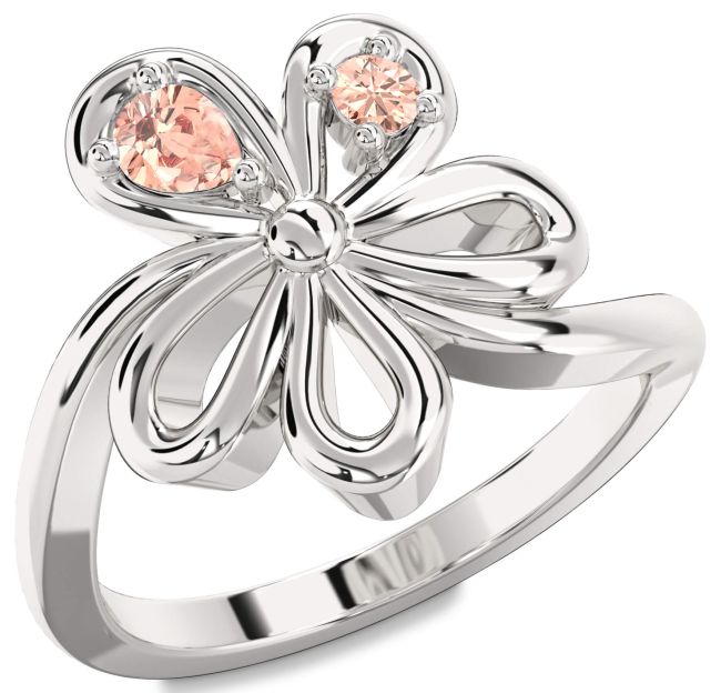 Morganite Silver Flower Pear Two Stone Ring