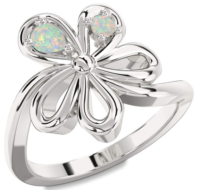 Opal Silver Flower Pear Two Stone Ring