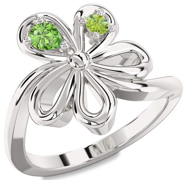 Peridot Silver Flower Pear Two Stone Ring