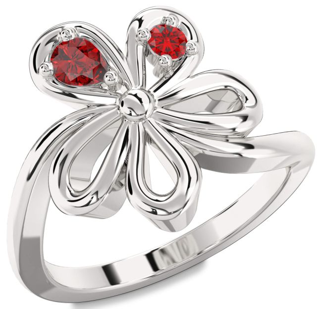 Ruby Silver Flower Pear Two Stone Ring