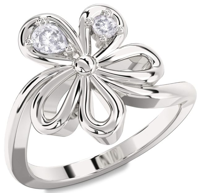 Salt & Pepper Diamond Silver Flower Pear Two Stone Ring