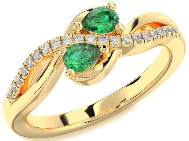 Diamond Emerald Gold Pear Two Stone Birthstone Ring