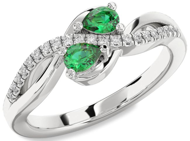 Diamond Emerald Silver Pear Two Stone Birthstone Ring