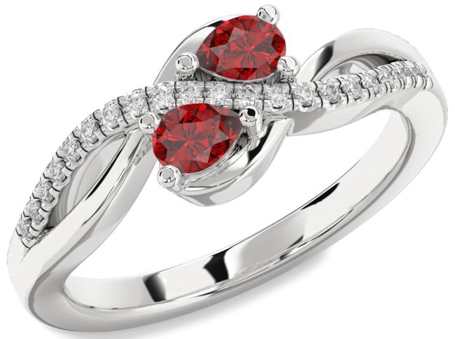 Diamond Ruby Silver Pear Two Stone Birthstone Ring