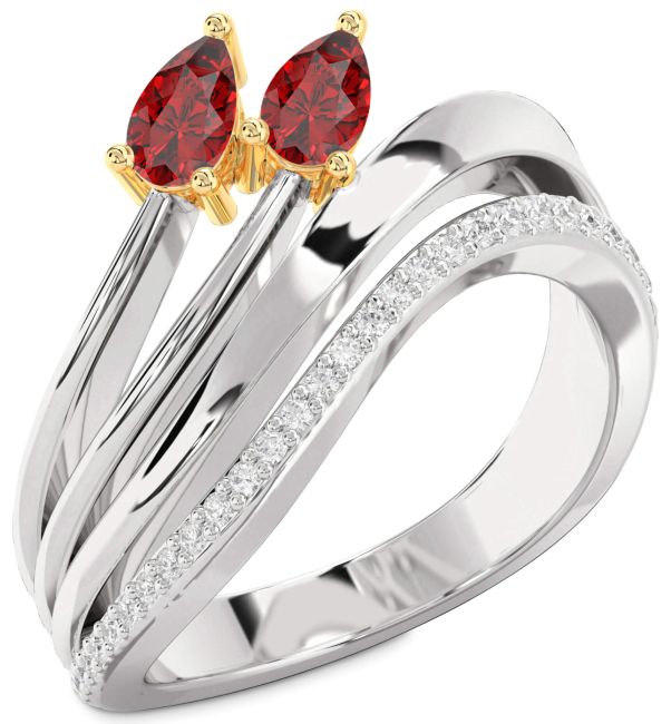 Diamond Ruby Gold Silver Pear Two Stone Birthstone Ring