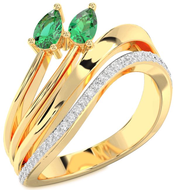 Diamond Emerald Gold Pear Two Stone Birthstone Ring