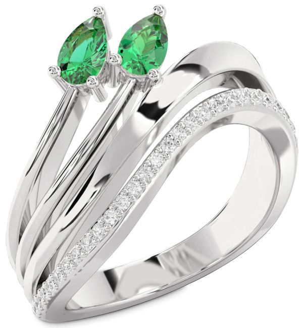 Diamond Emerald Silver Pear Two Stone Birthstone Ring