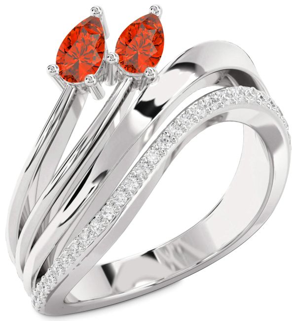 Diamond Fire Opal Platinum Pear Two Stone Ring