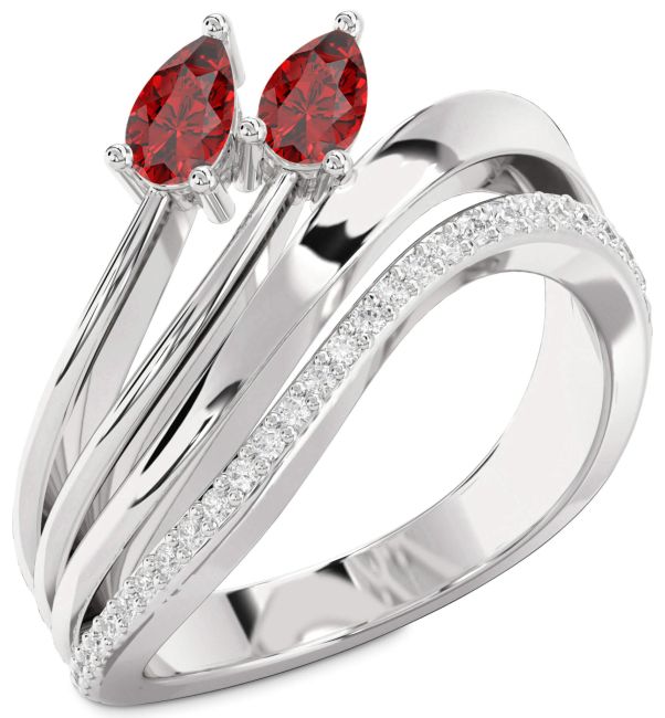 Diamond Ruby Silver Pear Two Stone Birthstone Ring