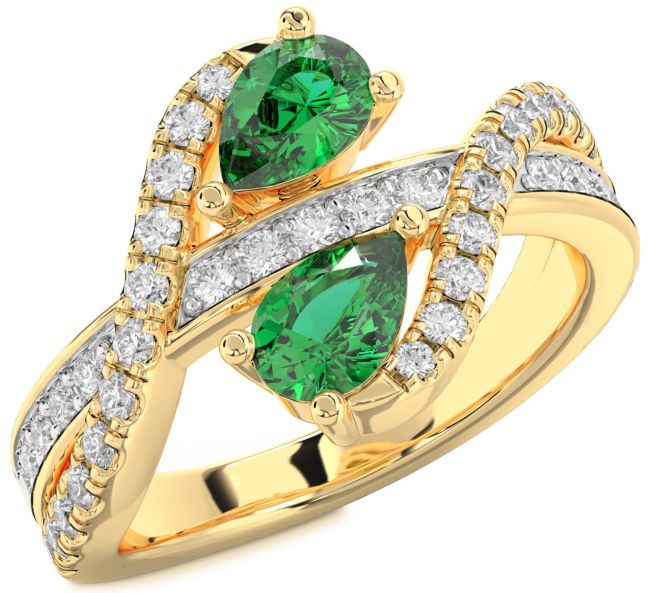 Diamond Emerald Gold Pear Two Stone Birthstone Ring
