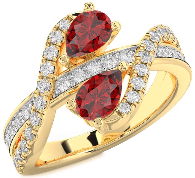 Diamond Ruby Gold Silver Pear Two Stone Birthstone Ring