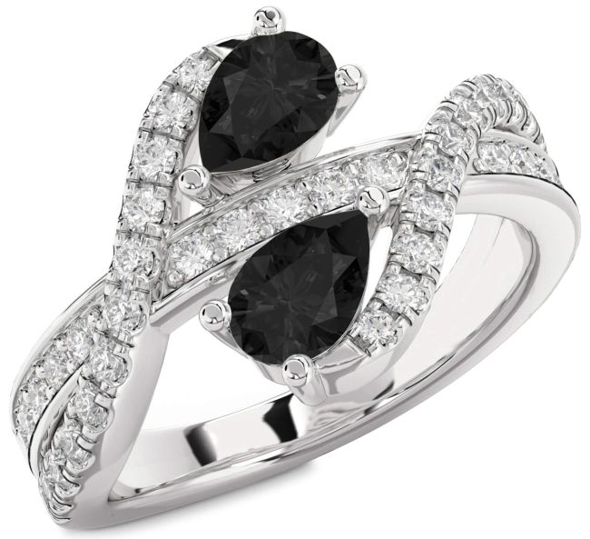 Black Diamond Silver Pear Two Stone Ring