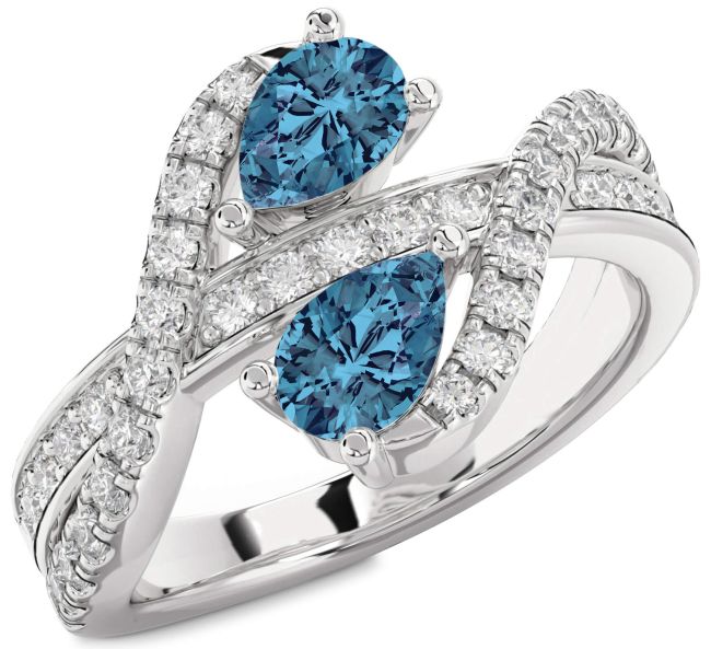 Blue Diamond Silver Pear Two Stone Ring