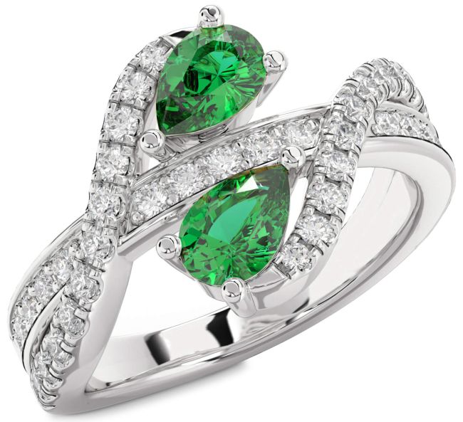 Diamond Emerald Silver Pear Two Stone Birthstone Ring