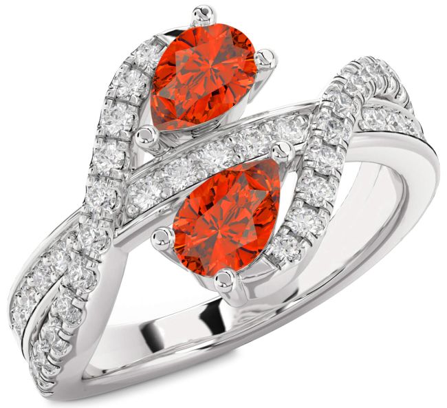 Diamond Fire Opal Silver Pear Two Stone Ring