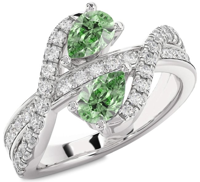 Green Diamond Silver Pear Two Stone Ring