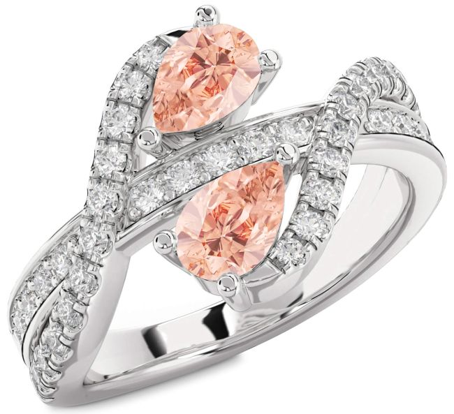 Diamond Morganite Silver Pear Two Stone Ring