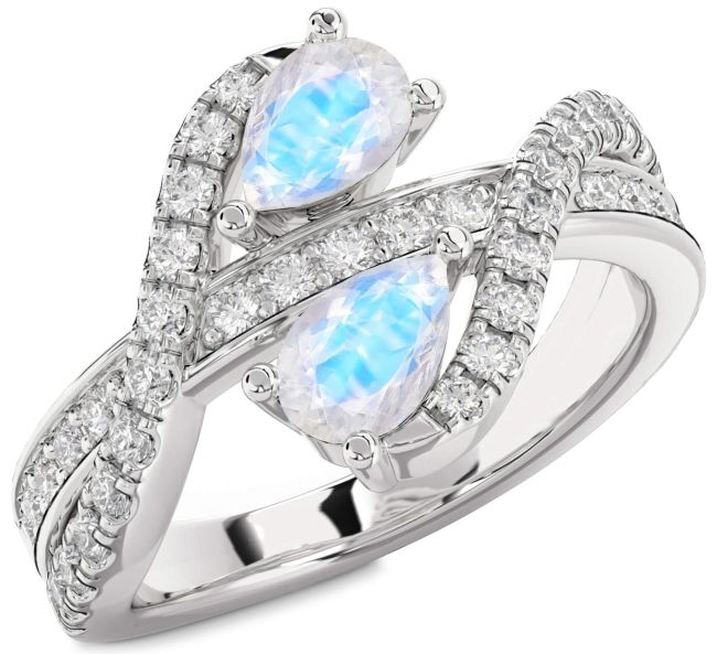 Diamond Moonstone Silver Pear Two Stone Ring