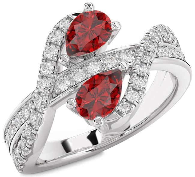 Diamond Ruby Silver Pear Two Stone Birthstone Ring