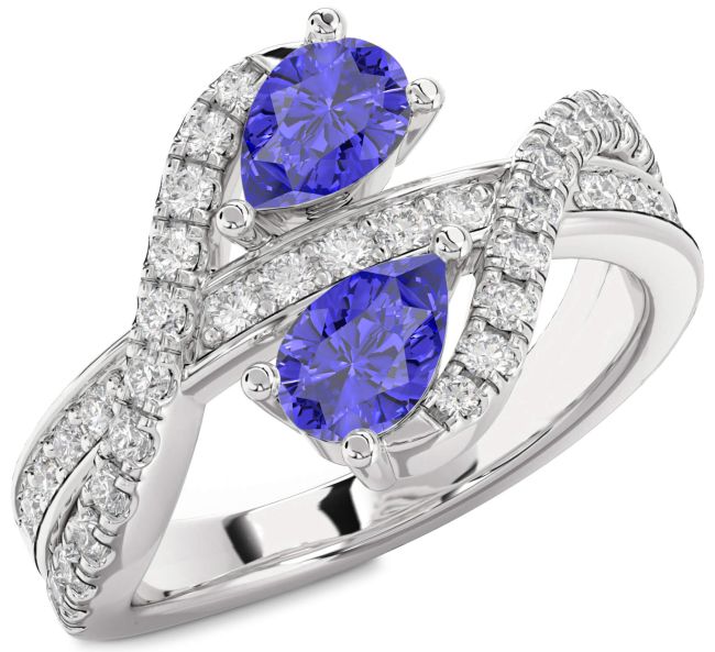 Diamond Tanzanite Silver Pear Two Stone Ring