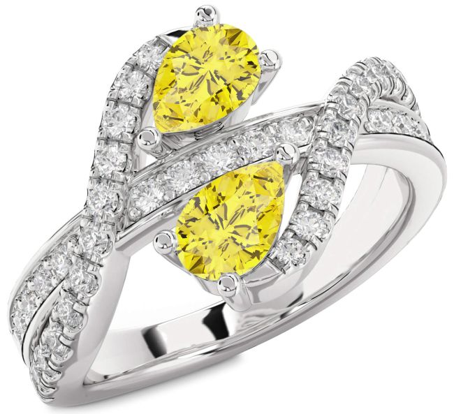 Yellow Diamond Silver Pear Two Stone Ring