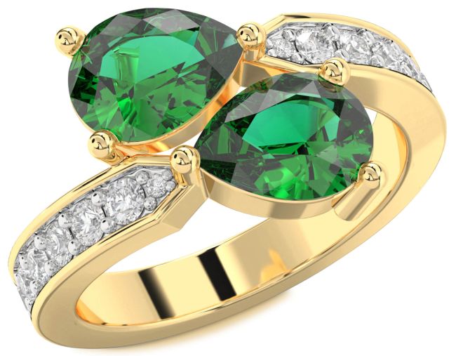 Diamond Emerald Gold Pear Two Stone Birthstone Ring